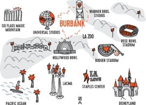LA drawing / sketch map with all main attractions