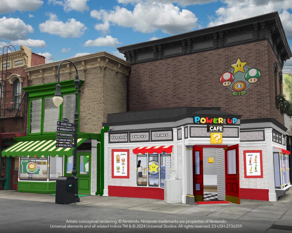 Power Up Cafe at Universal Studio Hollywood's Super Nintendo World (exterior rendering)