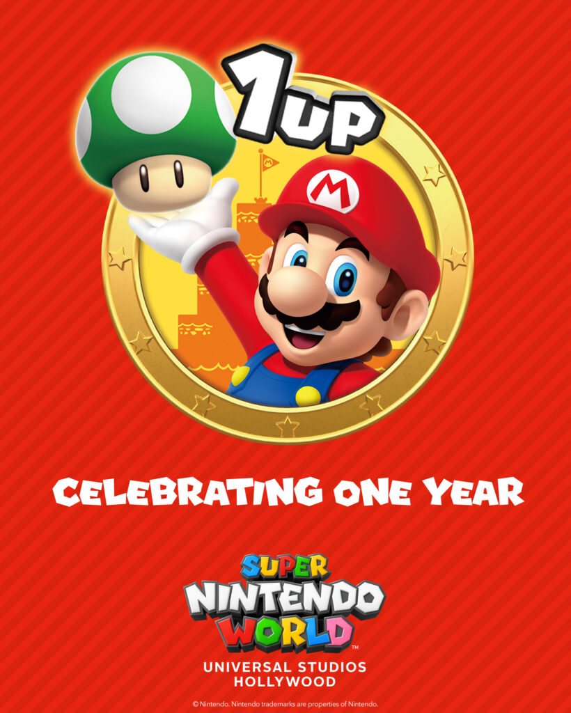 Super Nintendo World One-Year Anniversary Flyer featuring Mario character holding a 1up mushroom
