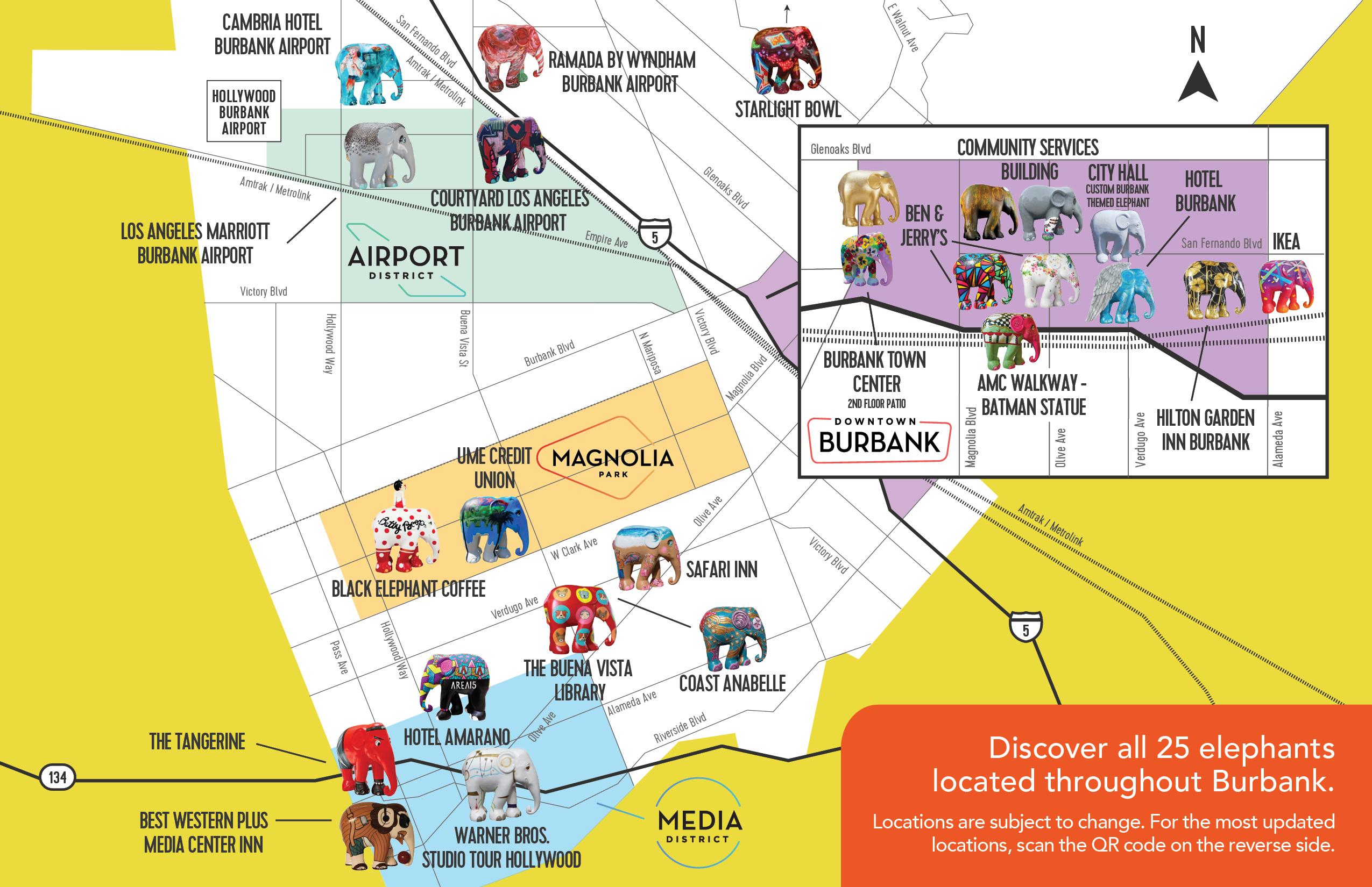Detailed map of Burbank with images to notate where all the elephants are located