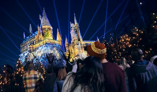 Christmas at the Wizarding World of Harry Potter with the castle decorated with Christmas lights