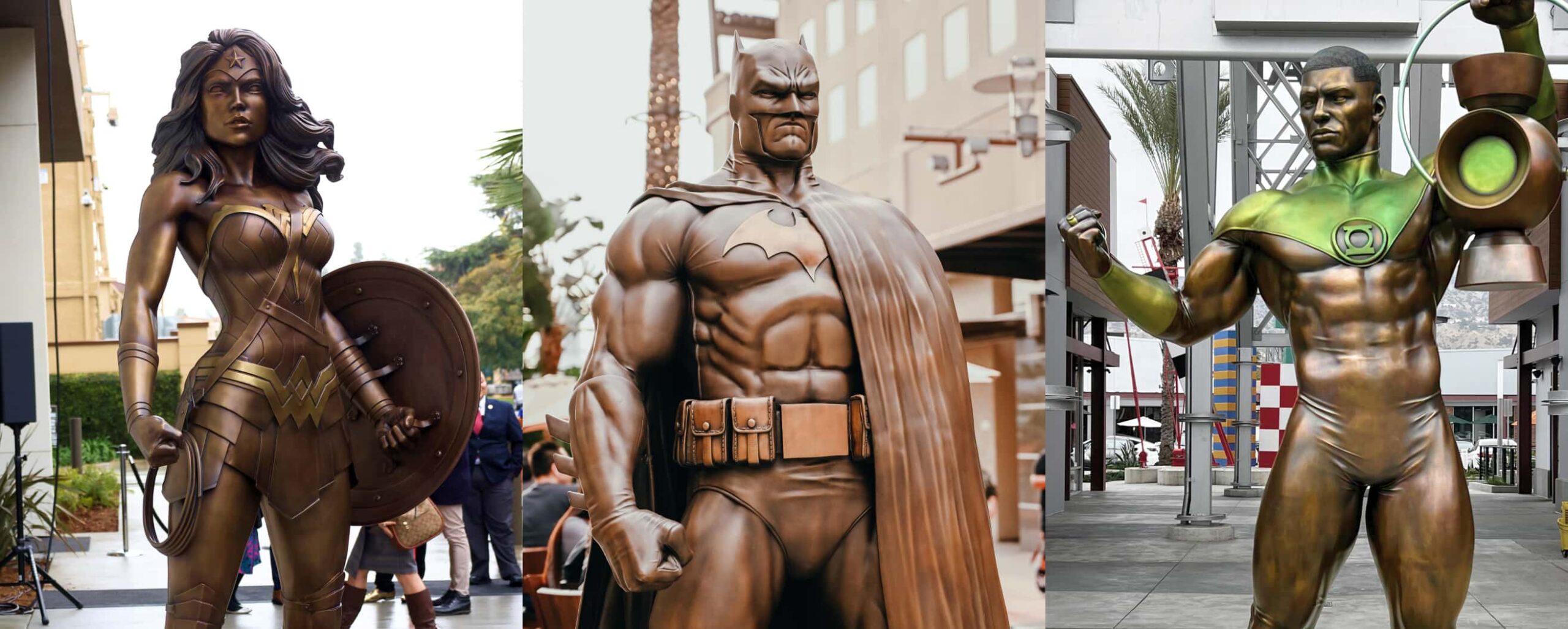 Statues of Wonder Woman, Batman, and The Green Lantern