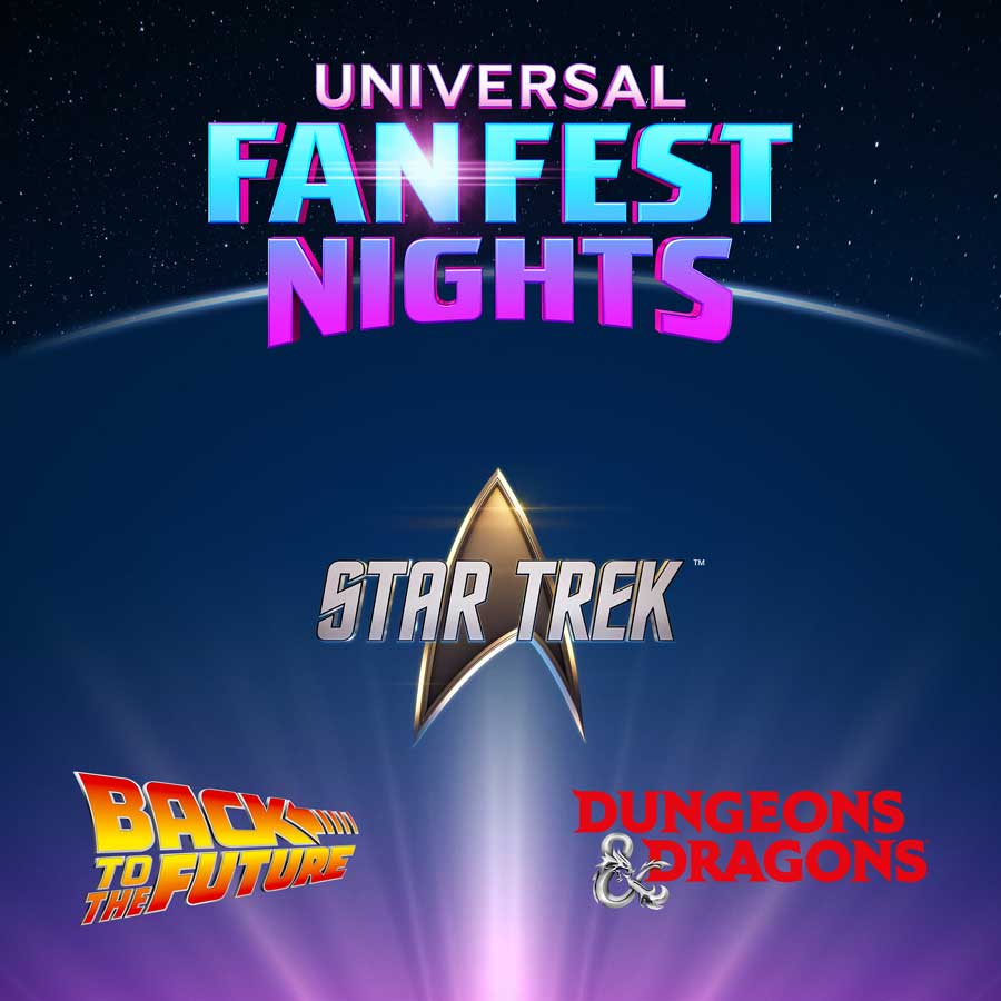 Poster for Universal Fan Fest Nights with Star Trek, Back to the Future, and Dungeons & Dragons logos