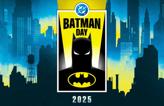 Poster for Batman Day 2025 featuring a bold graphic of Batman’s silhouette with the Bat-Signal logo, set against a stylized cityscape background.