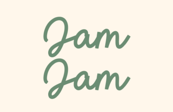 Jam Jam logo in green cursive on a light beige background.