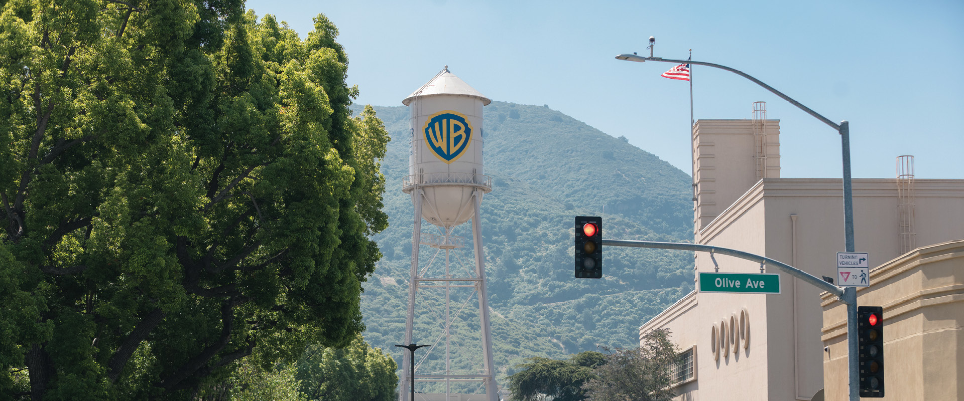 Warner Bros. water tower in Burbank with the Verdugo Mountains in the background.