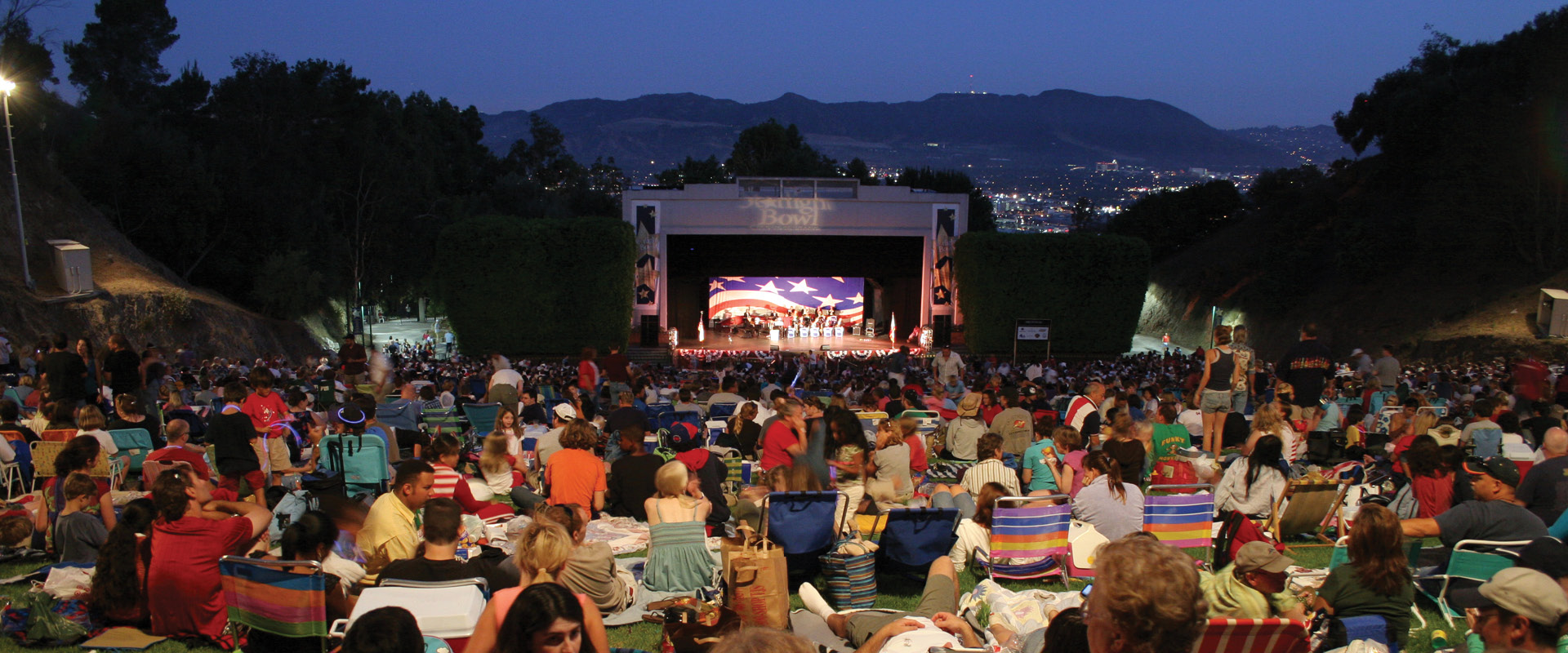 Audience gathered for an evening performance at a venue in Burbank.