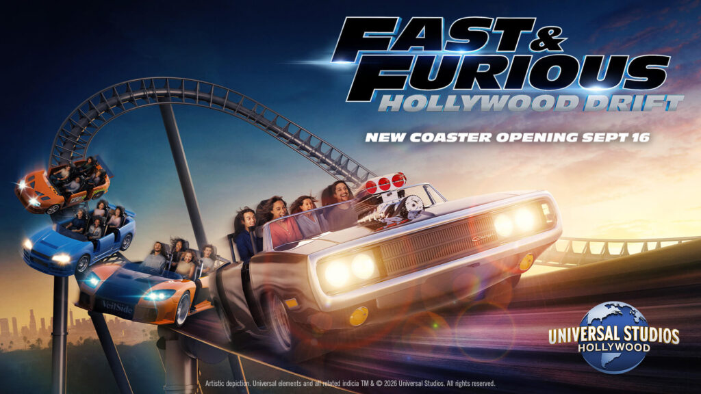 Fast & Furious: Hollywood Drift key art announcing the new roller coaster opening September 16 at Universal Studios Hollywood