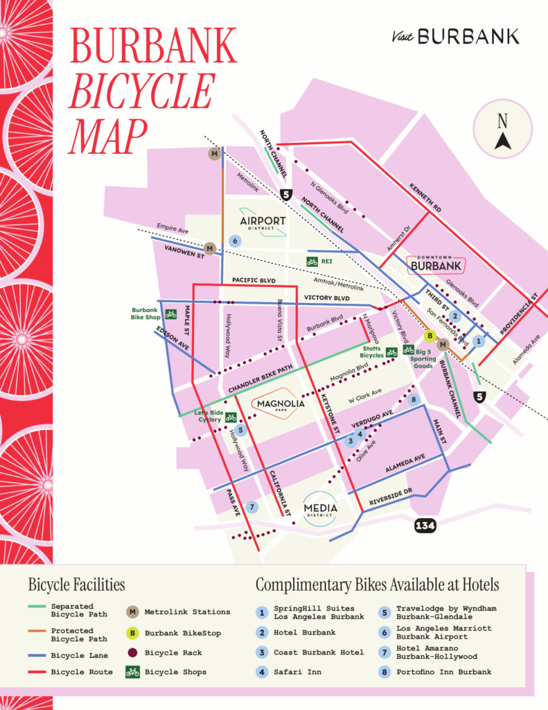 Burbank Bicycle Map showing separated and protected bike paths, bike lanes and routes, bike racks, bike shops, Metrolink stations and the eight hotels with complimentary bikes